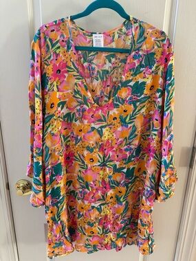 Anne Cole XL/XXL Lightweight Tropical Print V-Neck Kaftan in Green & Pink NWOT